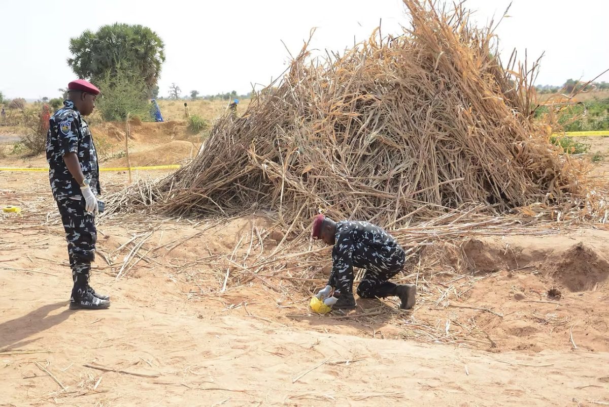 Officers of the Nigerian Explosive Ordinance Disposal Unit securing the site of a US Airstrike in Jabo, Nigeria, on December 26, 2025.